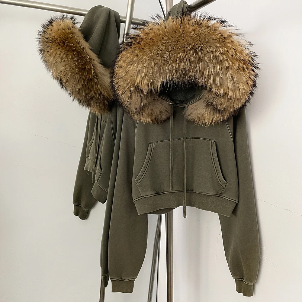 

OFTBUY Real Fur Collar Insfleece-lined Versatile Cropped Smooths Silhouette Zip-up Hooded with Fur Sweatshirt Women New Spring