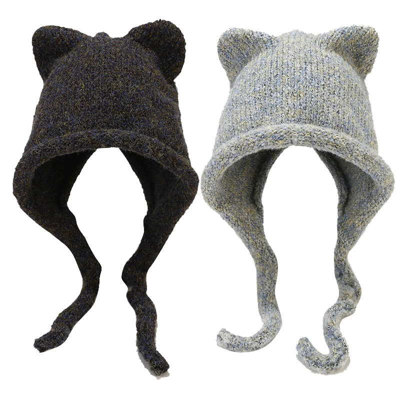 Nette Katze Ohr Gestrickte Hut für Frauen Herbst Winter Verdicken Warme Beanie Cap Koreanische Vielseitige Motorhaube Ohr Schutz Zöpfe Schädel Kappe