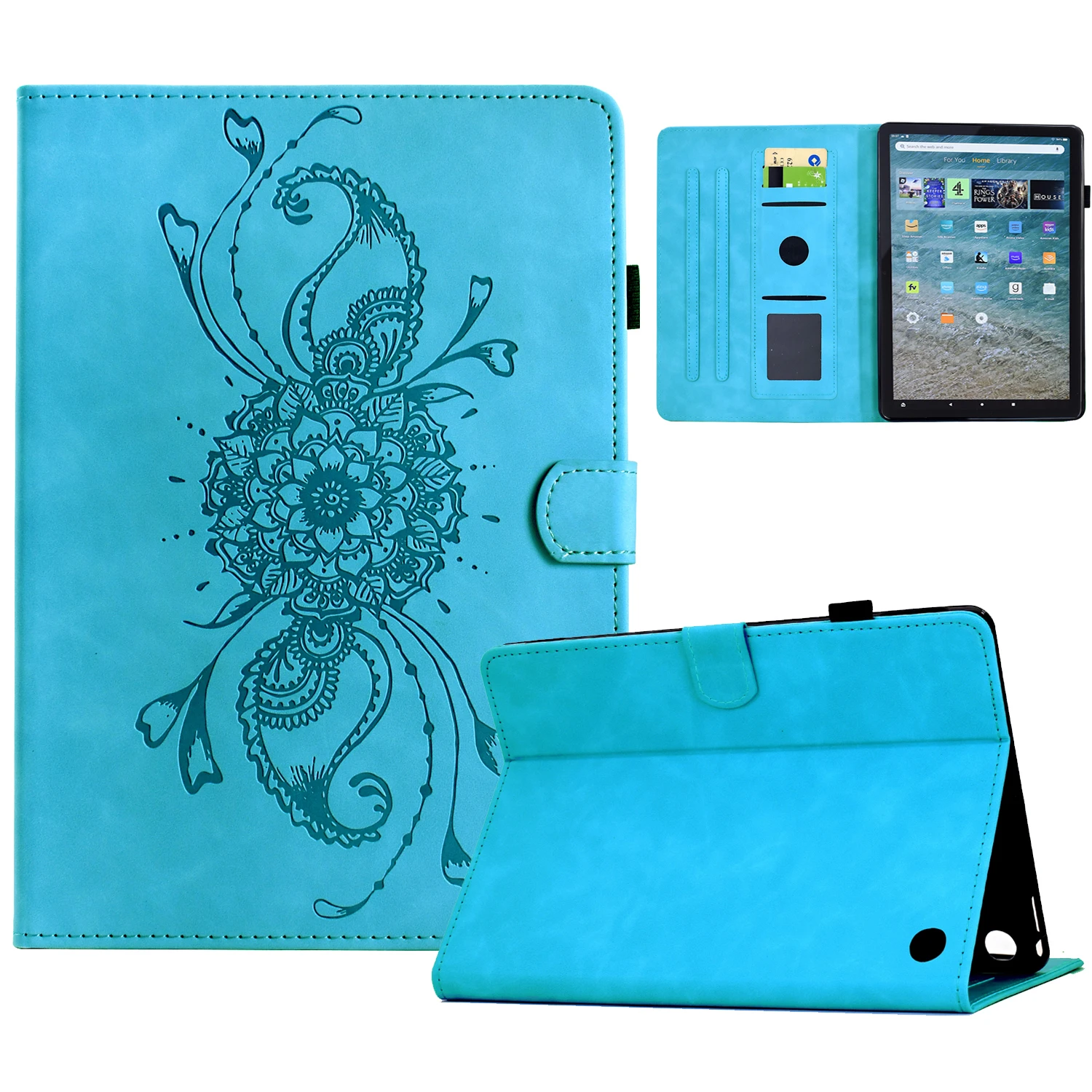 

For Amazon Kindle Fire Max 11 2023 Case Mandala Imprinted Leather Tablet Cover with Card Slots - Sky Blue