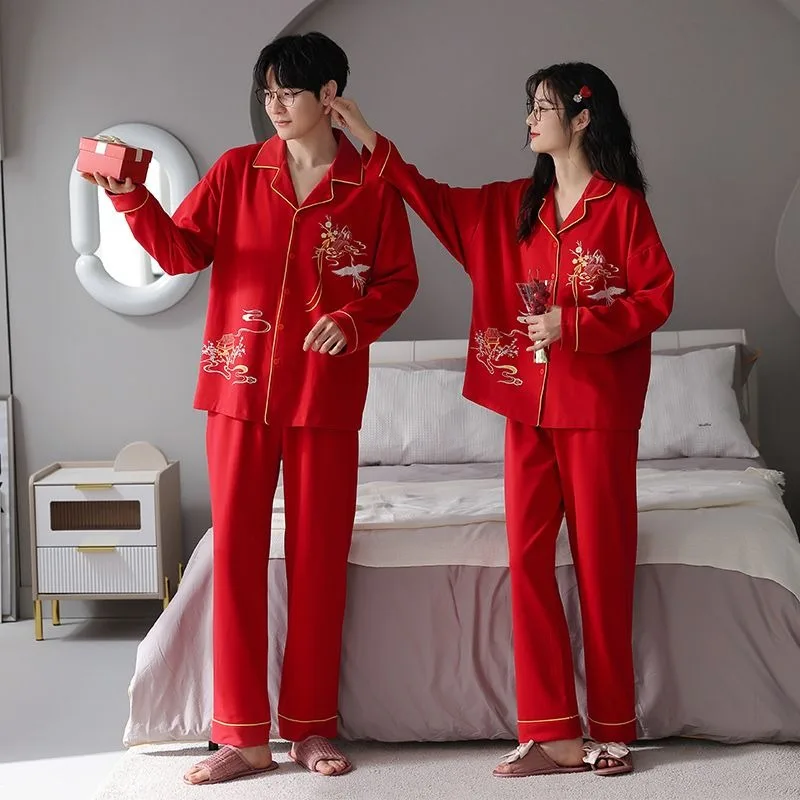 Couple Pajamas Red Cotton Long Sleeve Sleepwear Women's Spring Autumn Nightwear Men's Wedding Homewear Winter Loungewear Set