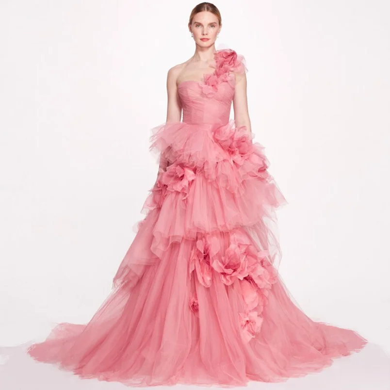 Longue robe de soirée rose, asymétrique épaule dénudée, superposée, motif Floral 3D, luxe, longueur au sol, tenue de mariage