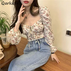 Blouses Women Print Square Collar Sweetie Spring Girls Cropped Long Sleeve Aesthetic Fashion Preppy Street Y2k Lace-up Design