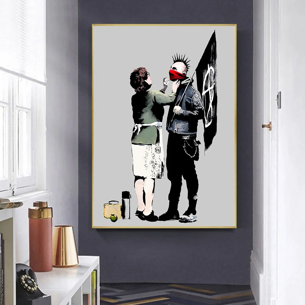 Banksy Graffiti Street Art Canvas Painting Poster Prints,Anarchist Punk and His Mother,Wall Art Pictures for Living Room Decor