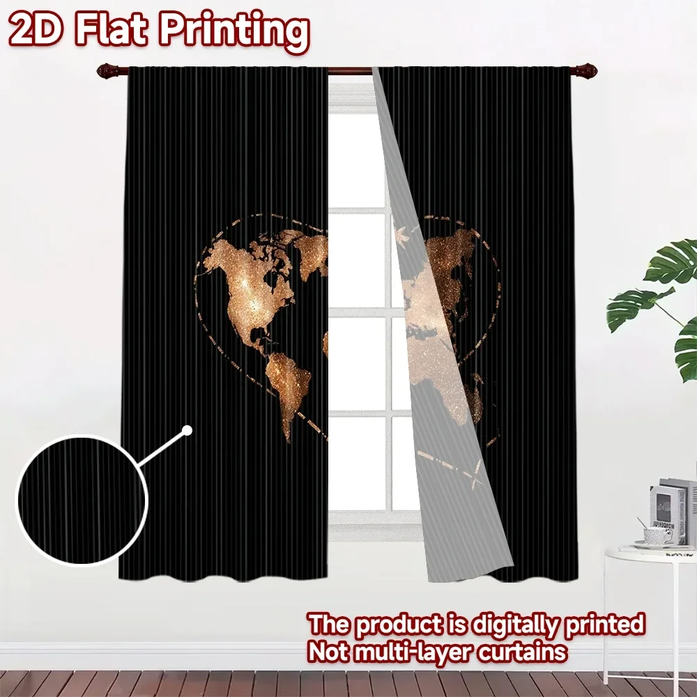 Elegant Black Gold World Map Curtain Pair Glitter Heart Design Window Drapes for Living Room Decor 2pcs Curtain