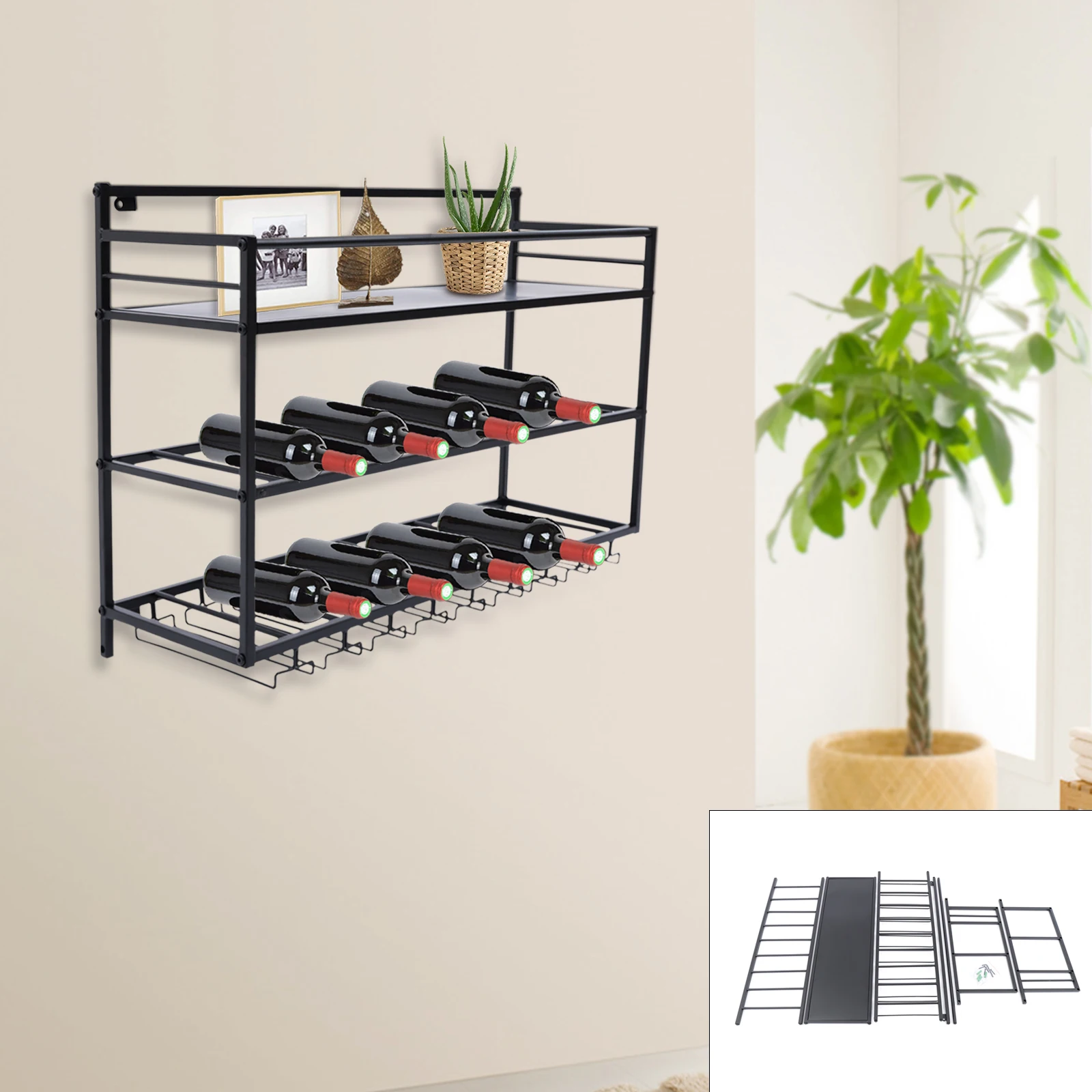 Wine Rack Wall Mounted, 3 Tier Industrial Shelf with Glass Holder, Rustic Metal Hanging Display Accessories for Home Restaurant