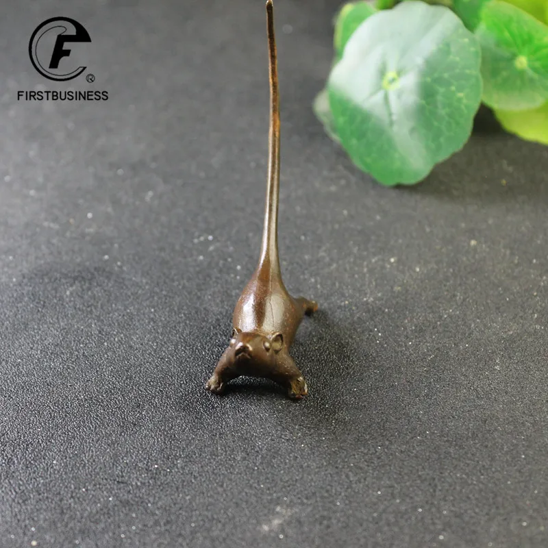 Long Tail Mouse Miniature Figurine Chinese Style Tea Pet Vintage Pure Copper Rat Ornament Desk Craft Home Decoration Accessories