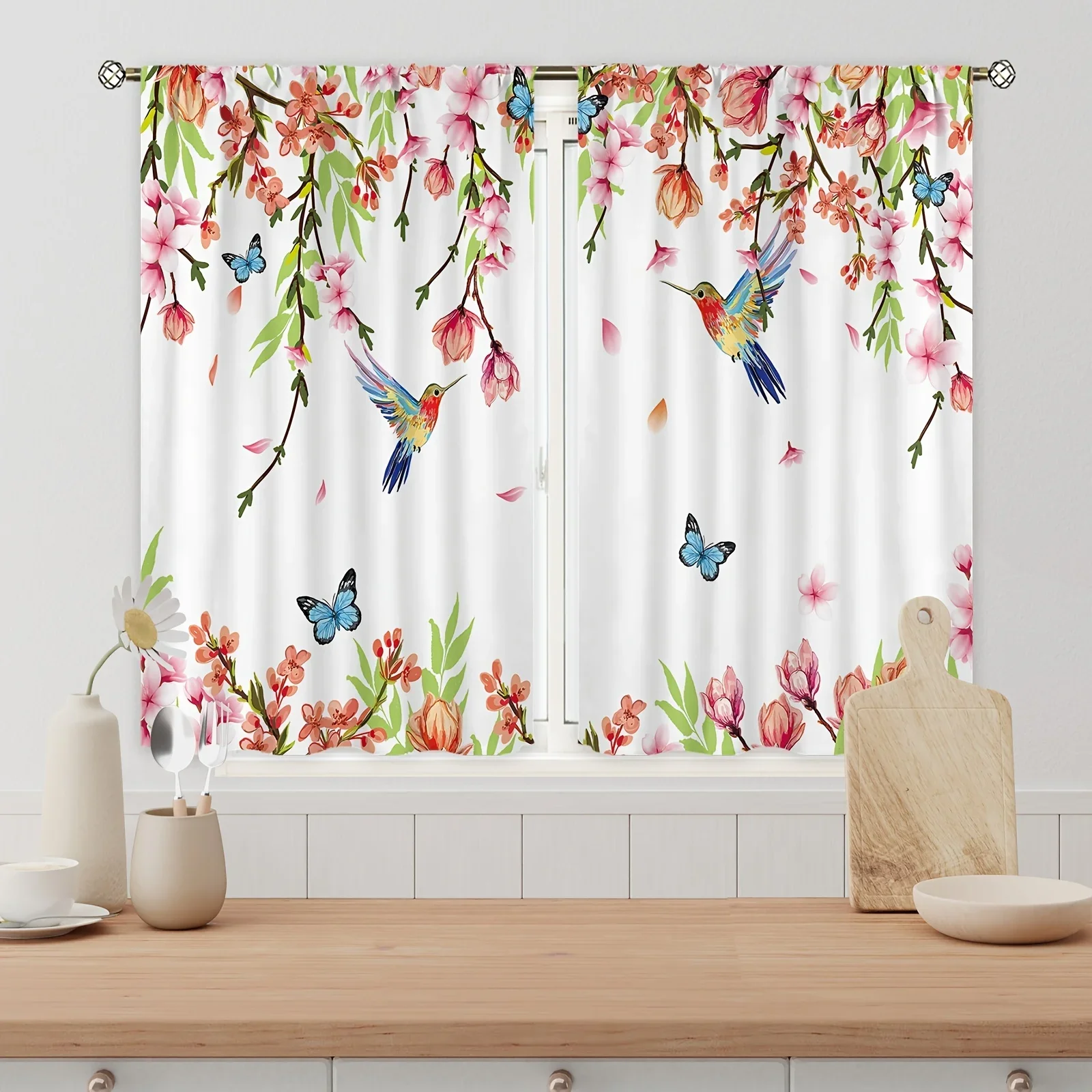 2pcs Rod Pocket Hummingbird Floral Kitchen Curtains Flower Butterfly Botanical Bedroom Rustic Window for Living Room Home Decor