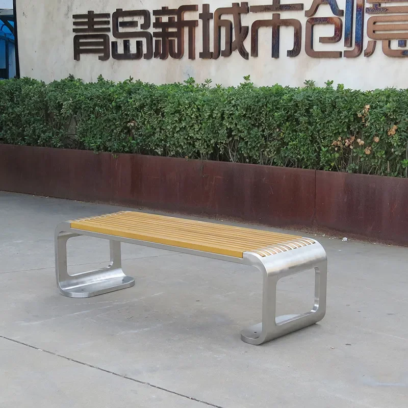 Stainless Steel Park Chair Outdoor Bench Square Solid Wood Leisure Seating for Shopping Mall Finished Public Rest Bench