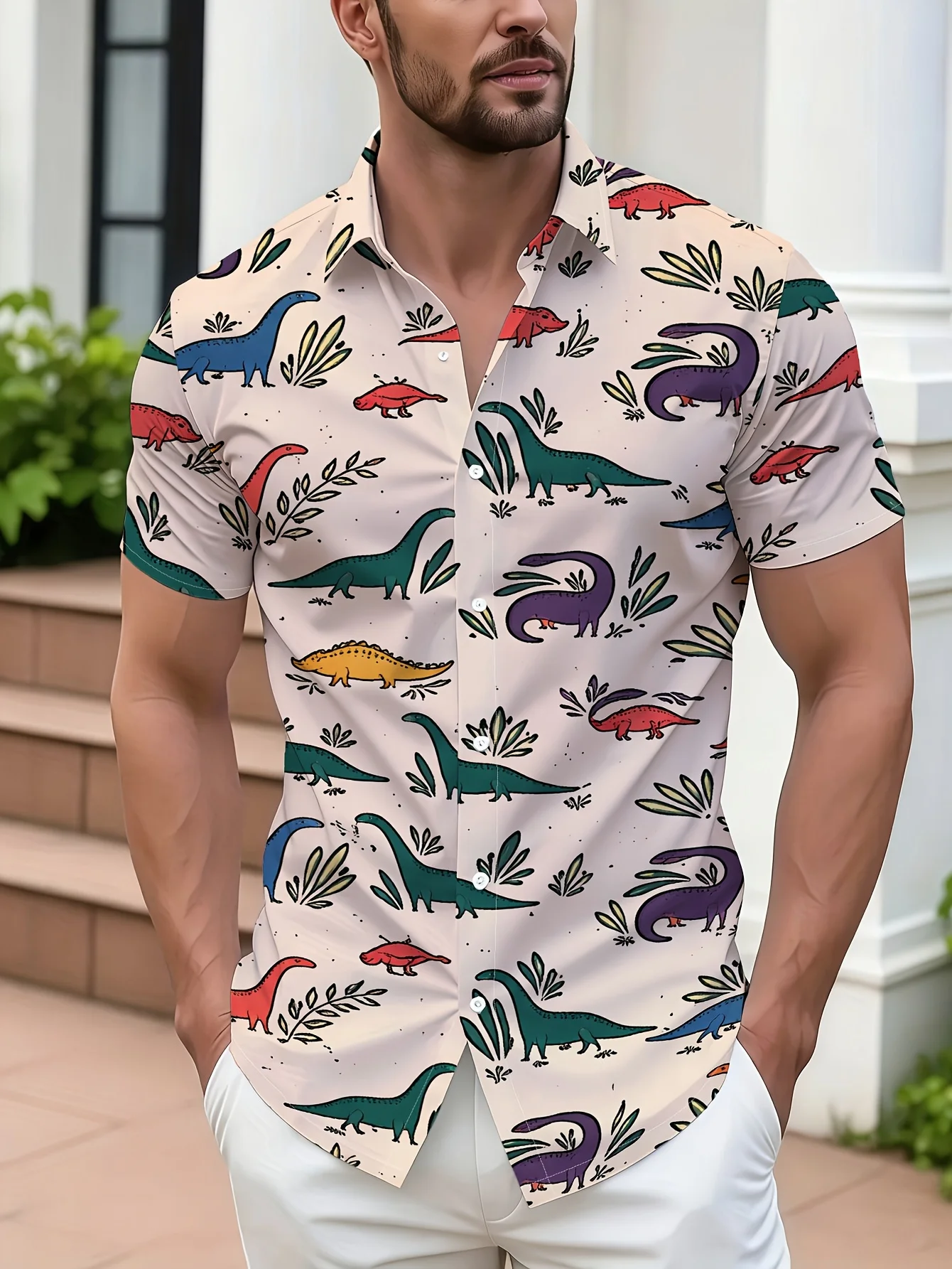 Vintage Multicolor Cartoon Dinosaur Jungle Foliage Pattern Unisex Short Sleeve Blouse Camp Collar Vacation Shirt