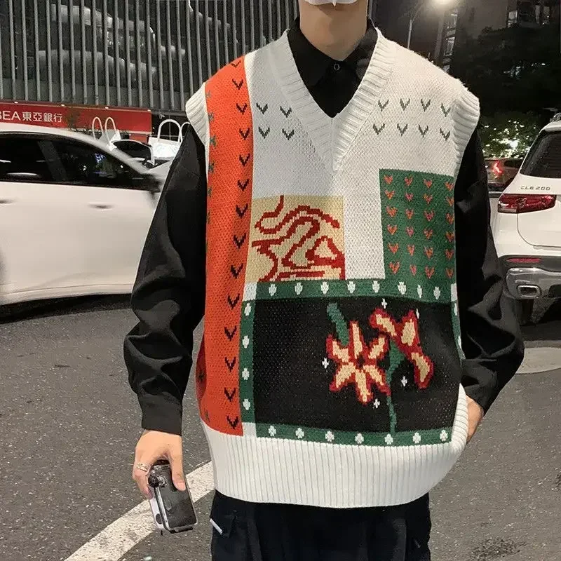 Knit Sweater Male Vest Patchwork Black Cute Sleeveless Men\'s Clothing Waistcoat Graphic Korean Style Winter 2025 New in Fashion
