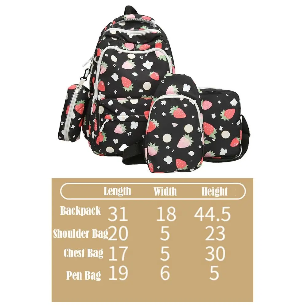 4Pcs/Set Cute Strawberry Print Backpack Large Capacity Nylon School Bag Laptop Backpack Studeng