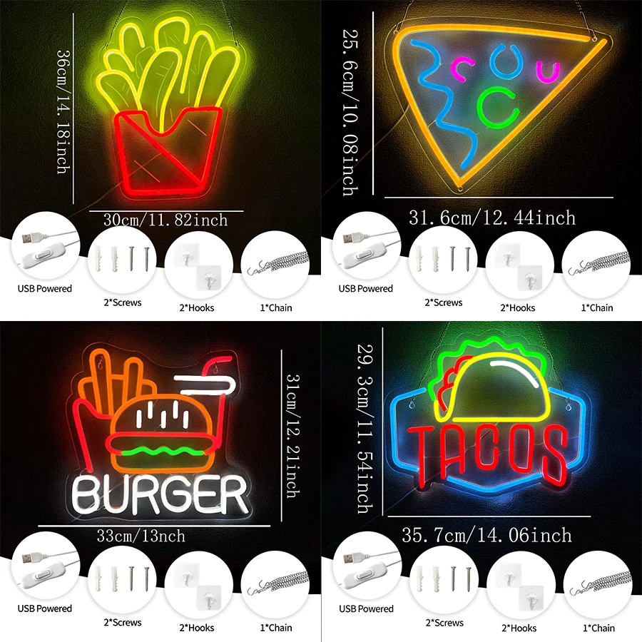 Tacos Led Neon Sign, 3D Carved Food Business Icon, Suitable For Restaurant, Fast Food Restaurant And Store Decor, Powered By Usb