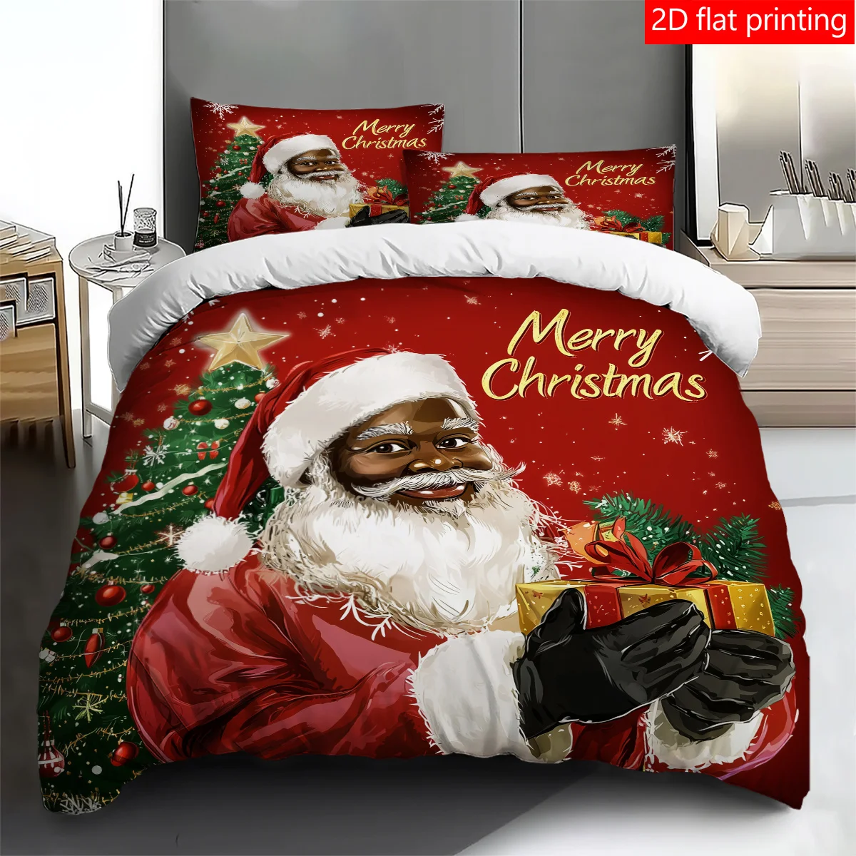 

3PCS Santa Claus pattern printed quilt Cover set, high-definition printed bedding set, 1 quilt cover +2 pillowcases without pill