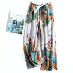 Fashion Home Pants Women Spring Summer Thin Sleep Pants Floral Printed Pajama Pants Wide Leg Loose Plus Size Calf-length Bottoms