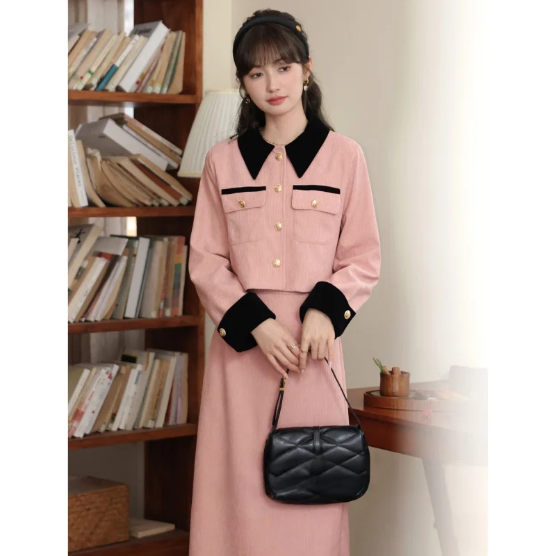 

Pink Midi A-Line Skirt Women's Autumn Winter Slimming Ele f-length Skirts Casual Sle Mid-waist Design ket Detail