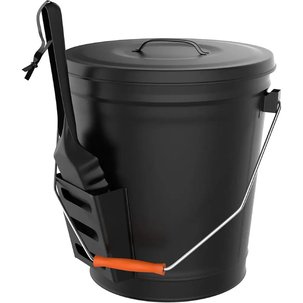 

4.75-Gallon Metal Ash Bucket with Lid and Shovel, Heat Resistant Tools (Black)