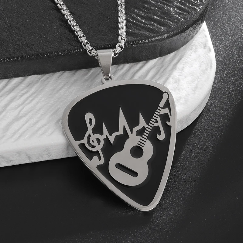 New Fashion Stainless Steel Heart Guitar Pendant Necklace Men Women Trend Charm Music Guitar Hip Hop Casual Jewelry Gifts