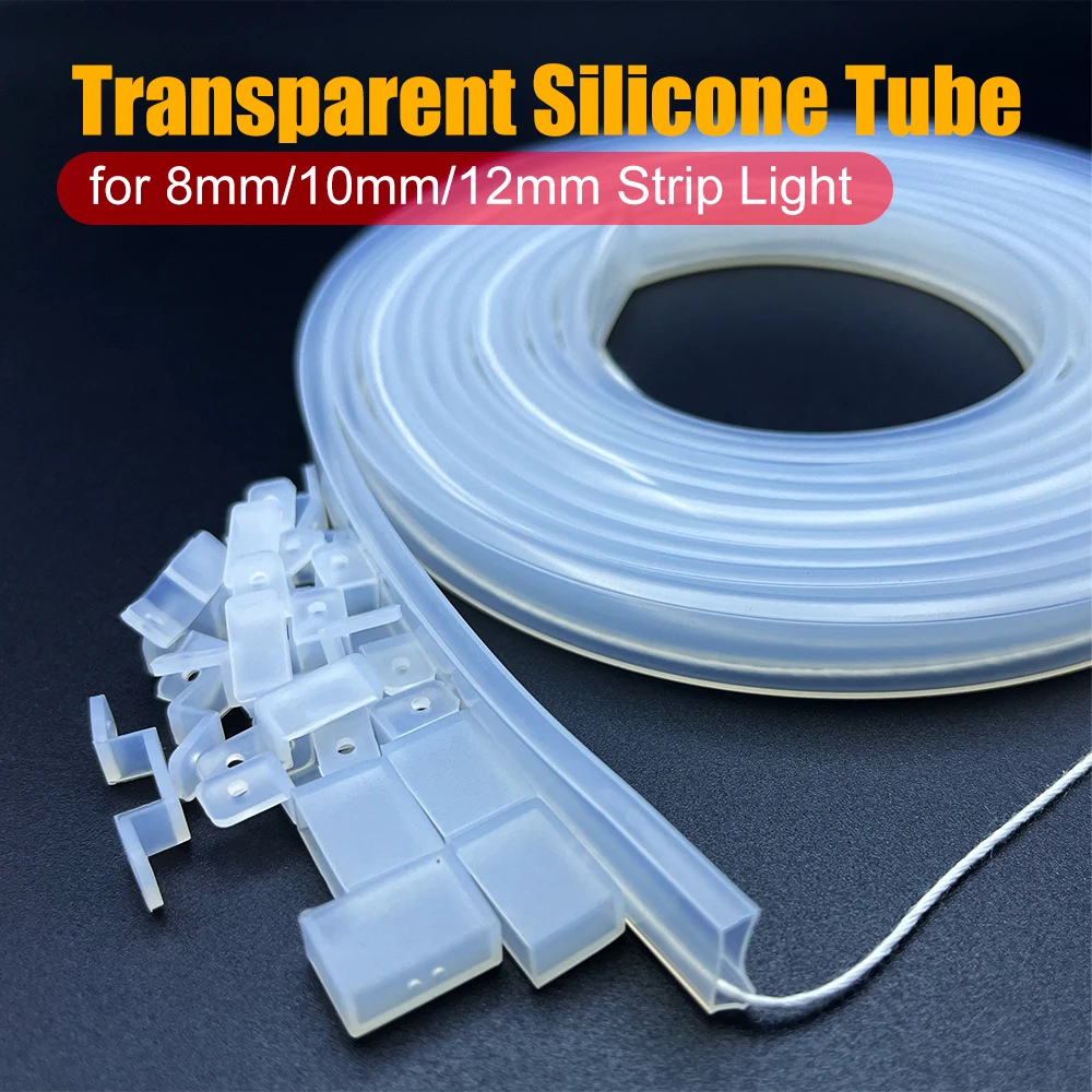 

Transparent LED Silicone Tube 8mm 10mm 12mm Waterproof Flexible Protection Cover With Fix Clip Plug For 5050 WS2812B Strip Light