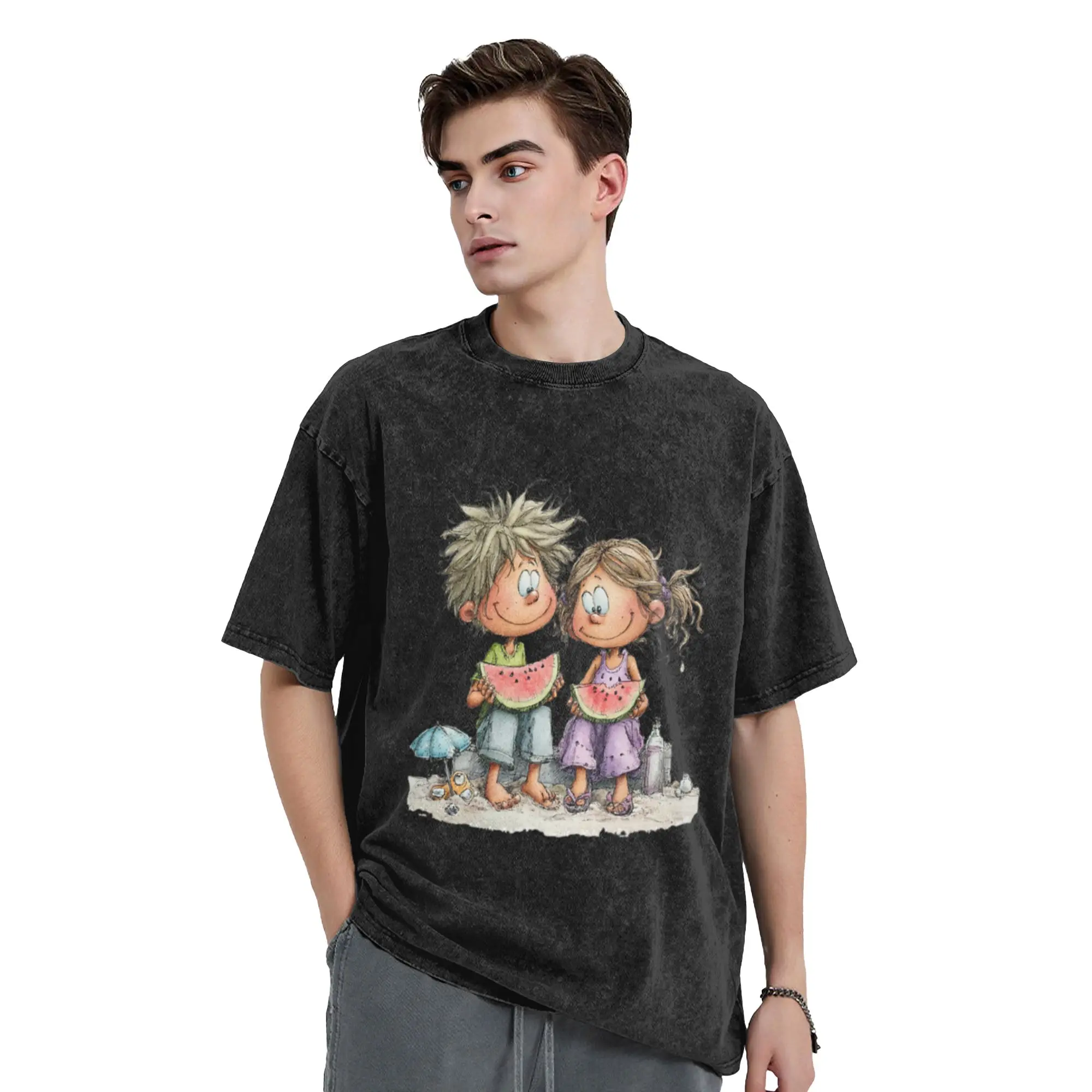 Cute boy and girl eating mellon - whimsical design Unique Trendy A T-Shirt Oversized Short Sleeve Men's Women's Cotton Tees Tops