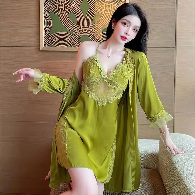 

Sex Appeal Pajamas Female Summertime Breast Pad Lace Ice Silk Nightdress Set Night Gown Spring and Autumn Payment traf