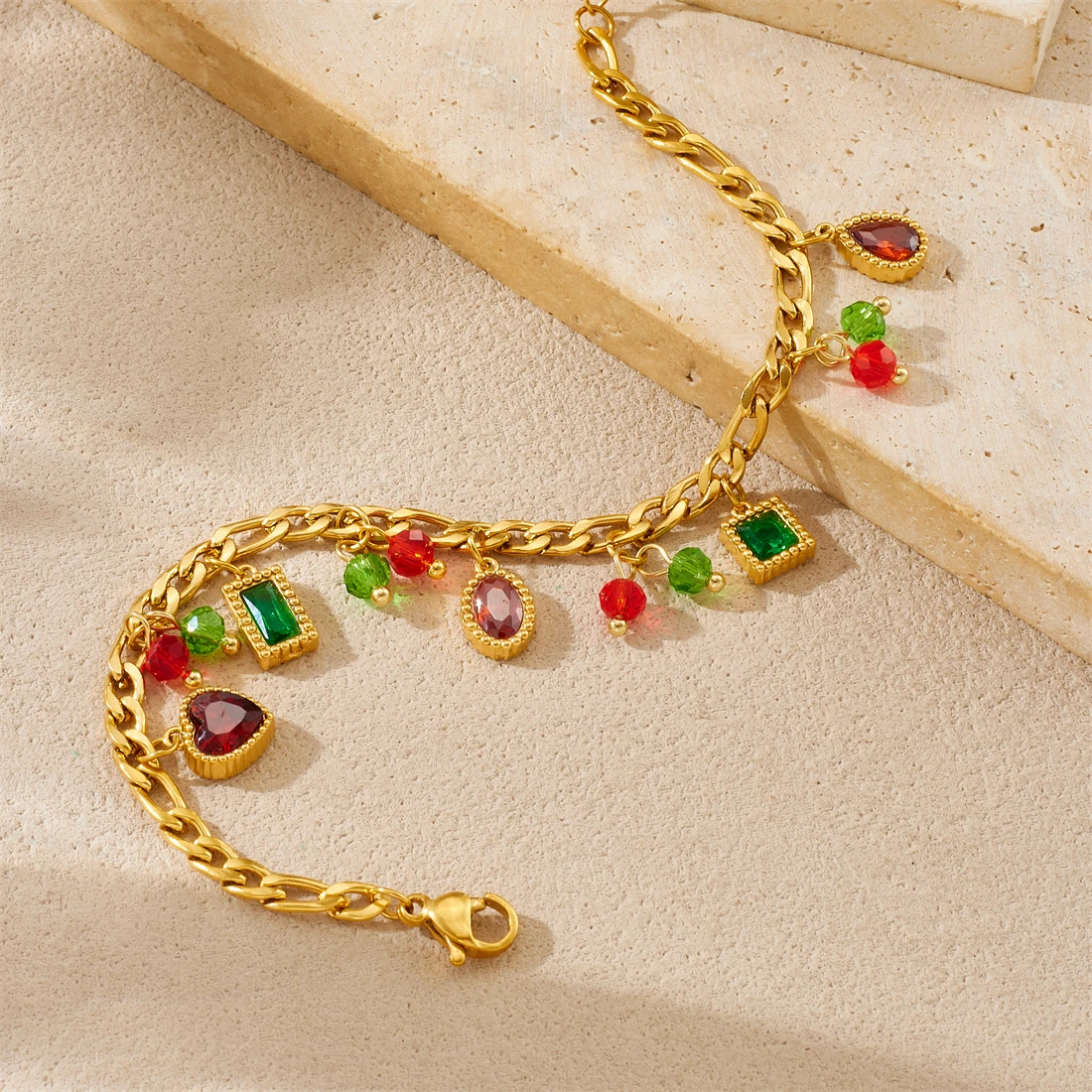 LAMENGLY 316L Stainless Steel Red Green Zircon Inlay Heart Water-Drop Oval Square Charm Bracelet Women Fresh Trend Wrist Chain