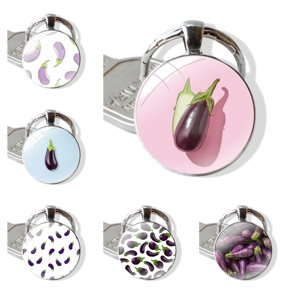 Keychain Glass Cabochon Metal Pendant Classic Men's Women's Keyring Food eggplant