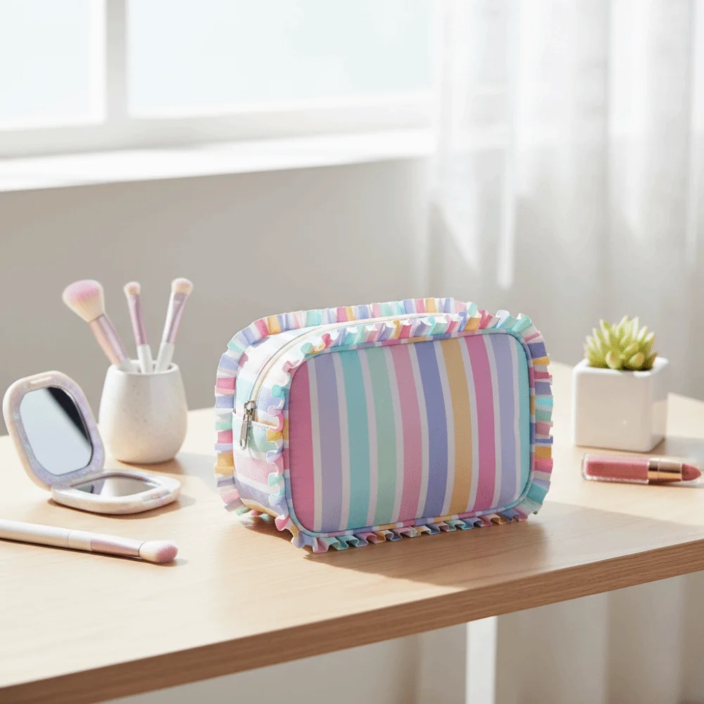 Ruffle Decoration Striped Cosmetic Bag Colorful Oxford Striped Makeup Organizer Large Capacity Flat Bottom Women's Makeup Case
