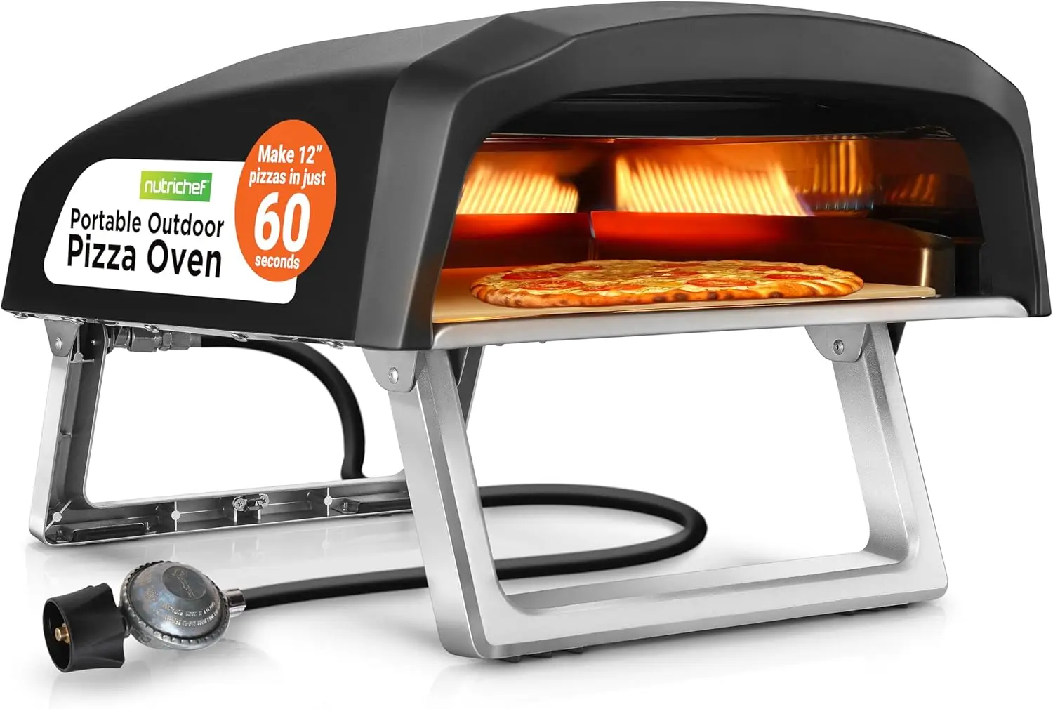 Portable Outdoor Gas Pizza Oven - Includes Foldable Feet, Adjustable Heat Control Dial, Burner, Stone & Regulator