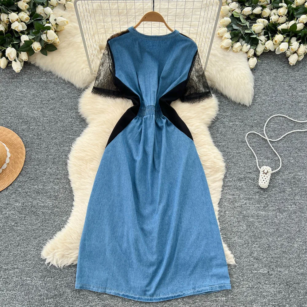 シックなヴィンテージ半袖偽ツーピースレースエレガントな妖精韓国ファッション自由奔放に生きるサンドレス女性服ロングドレス