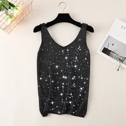 Shining Diamond Black Strap Tank Top 2024 Ice Silk Versatile Sexy Sleeveless T-shirt Women Elegant V-neck Slimming Basic Top