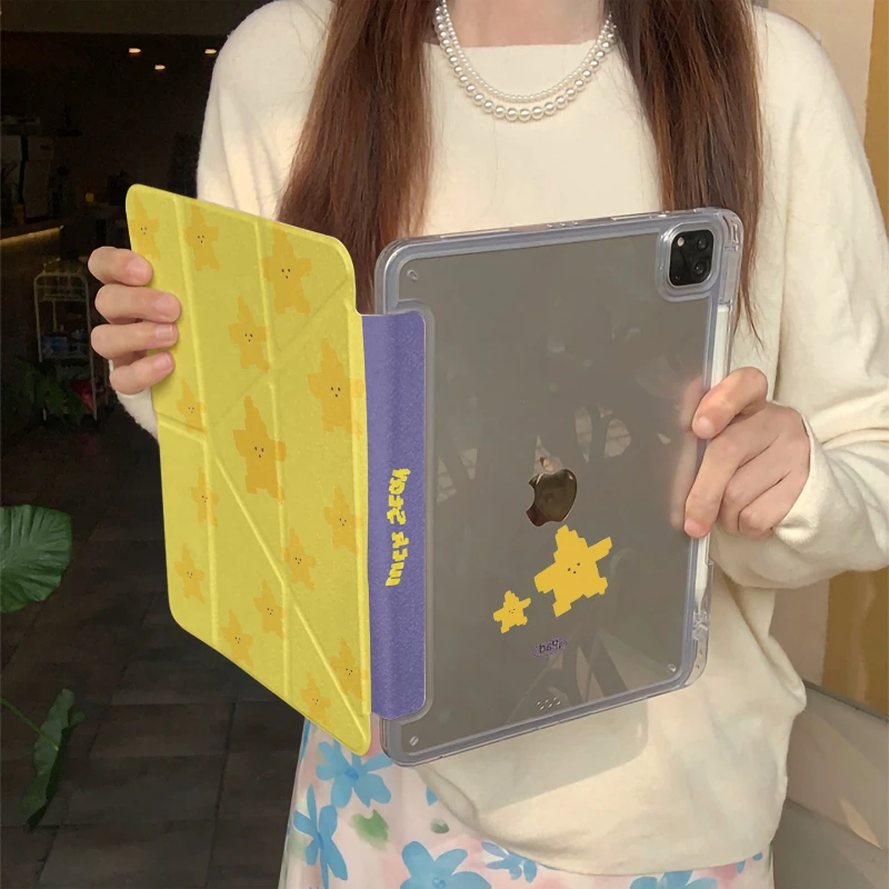 Cute Yellow Star Tablet Case For iPad Pro 11 12.9 13 A16 M2 M4 M3 M5 Shell 8.3 9.7 10.2 5/6/7/8/9/10/11th Mini Air 3 4 5 6 Cover