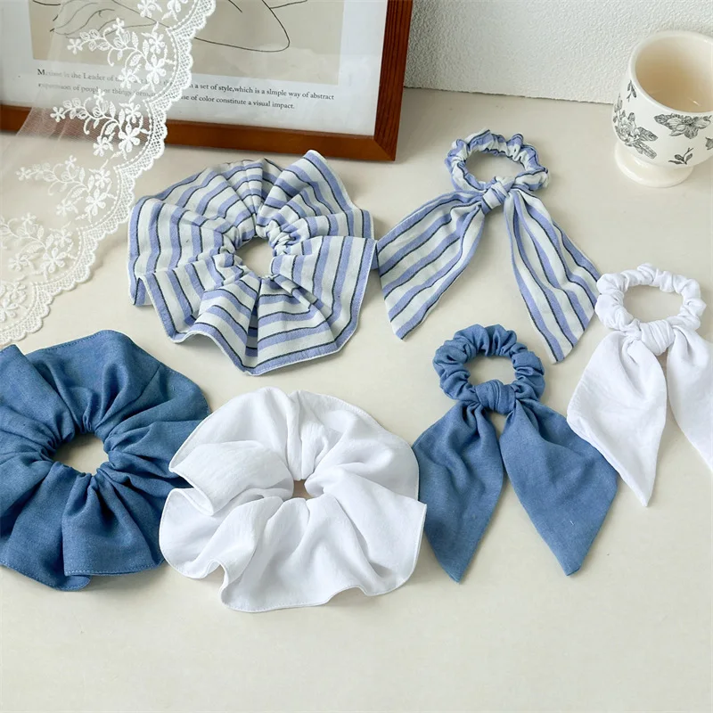 

Ins Hot Sale Striped Blue White High Elastic Hair Rope Simple Wide Edge Fabric Scrunchie For Women's Hair Band Headwear
