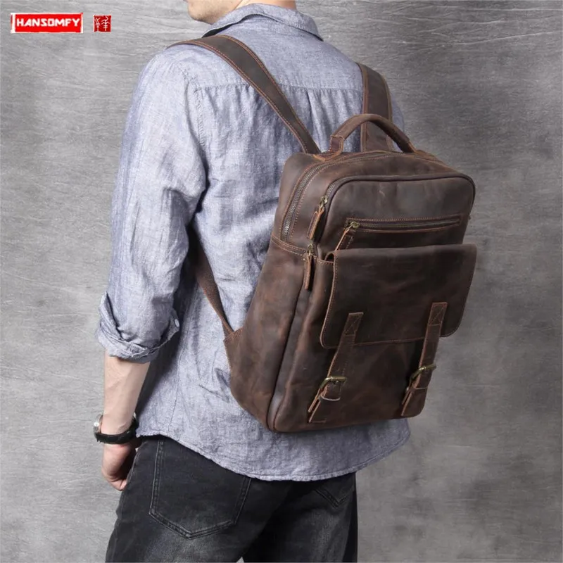 2026 New Retro Crazy Horse Leather Men Backpack First Layer Cowhide Laptop Backpack School Bag men Travel Backpacks Handmade