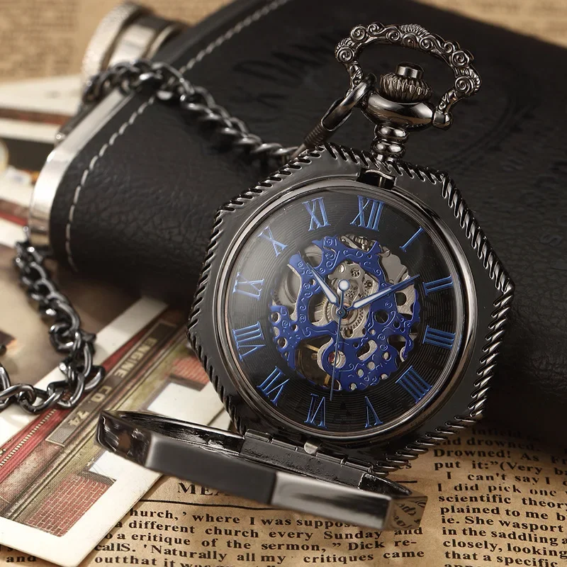 Hollow pocket watch carved octagonal mechanical pocket watch retro Roman blue numbers