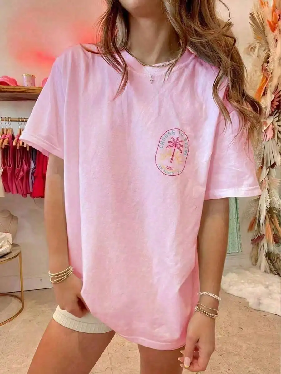 

Женская свободная футболка оверсайз с коротким рукавом и круглым вырезом, с принтом пальм, летний повседневный топ