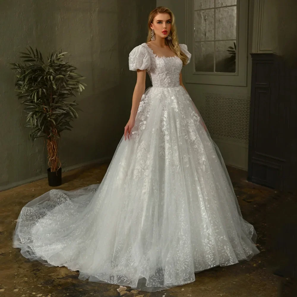 

Flavinke Изысканные свадебные платья принцессы по индивидуальному заказу Robe De Mariee с короткими рукавами и квадратным вырезом, кружевное свадебное платье с аппликацией