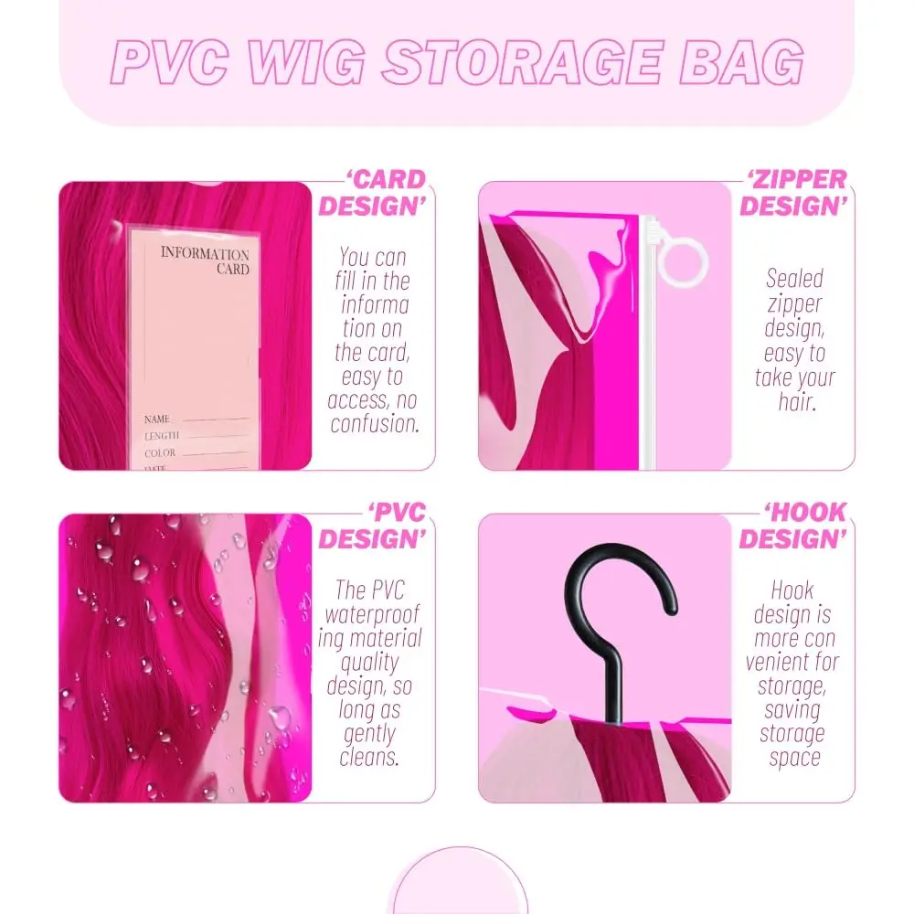 3pcs Wig Storage Bag with Holder for Storing Wigs Pink Purple Dust-proof Wig Bag Portable PVC Waterproof Wig Storage Bags