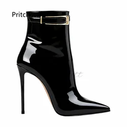 Women's Black Patent Leather Ankle Boots Pointed Toe Stiletto High Heel Buckle Strap Solid Color Sexy Elegant Party Dress Shoes