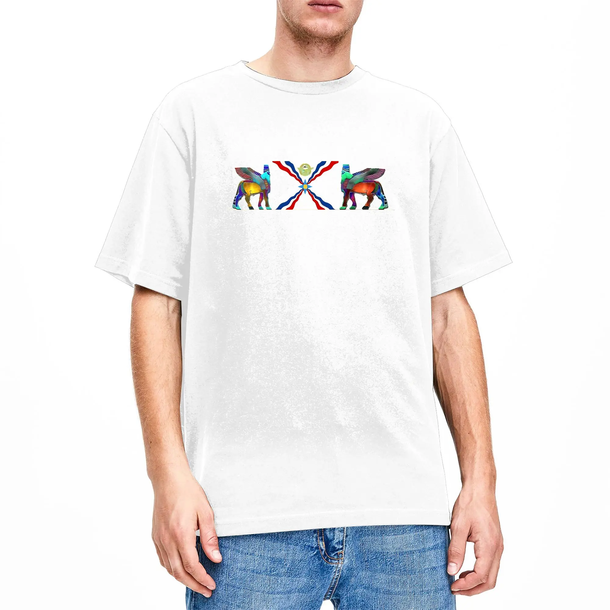 Assyrian Flag And Lamassu  Cotton T-Shirt For Man Summer  Classic T Shirts Fashion Tee Shirt Big Size Dropshipping Clothing
