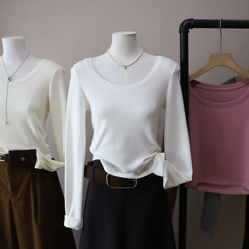 

White ort Svel Women's T-irt Low U-Ne Slim Fit Faionable Base Layer irt for Autumn Winter Underwear