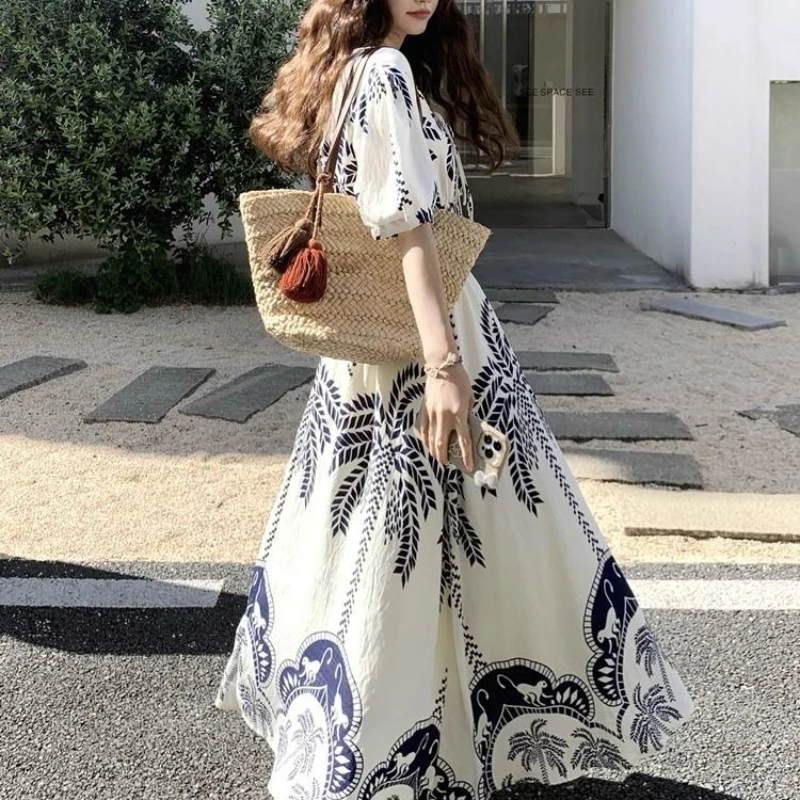 2025年夏新作 レディース ロングワンピース ゆったり カジュアル ボヘミアン風 リゾート風 プリントワンピース