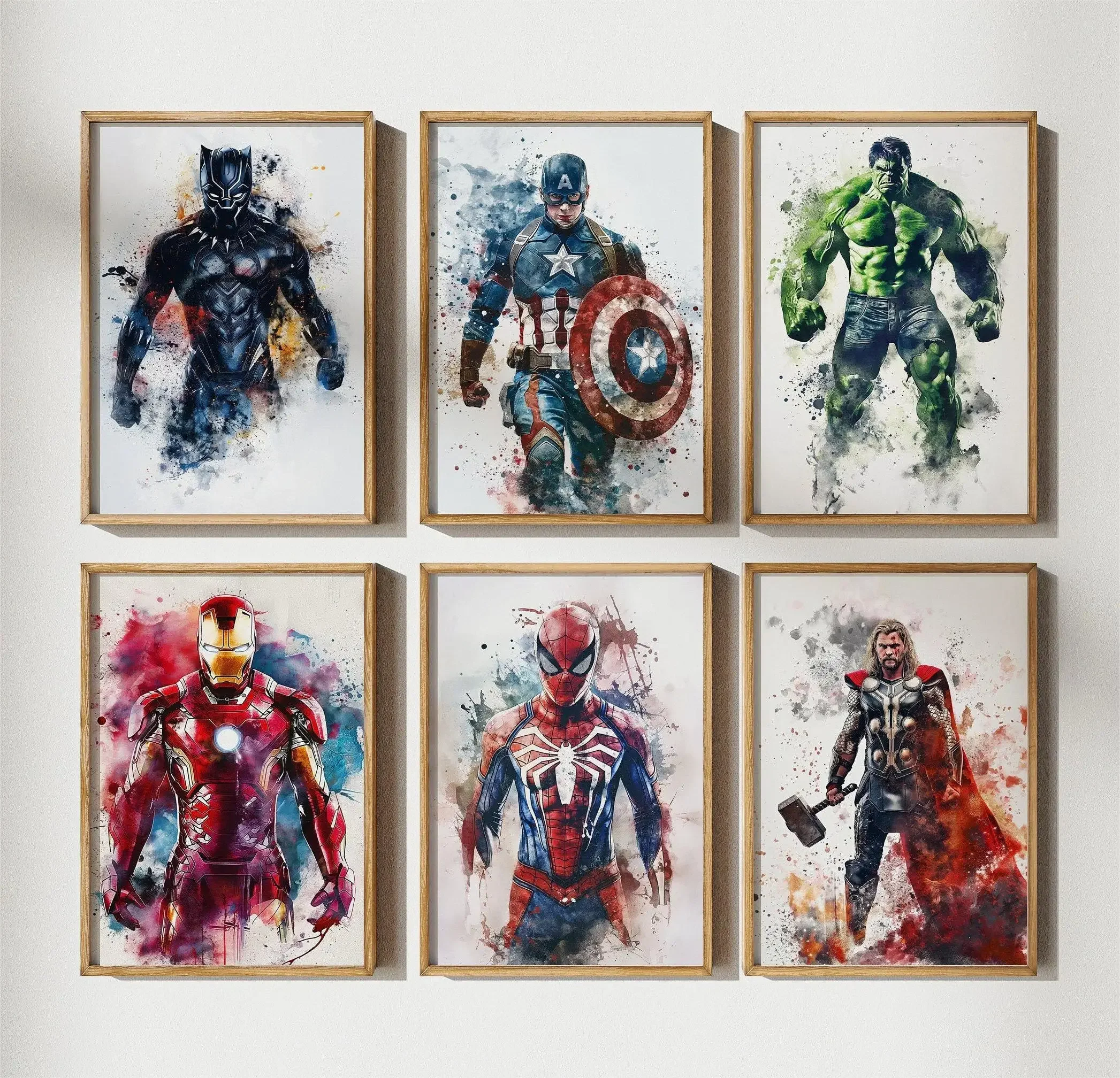 Pósteres impresos de superhéroes con goteo de acuarela, SpiderMan, Iron Man, lienzo, pintura de Marvel, arte de pared para habitación de niños, decoración del hogar