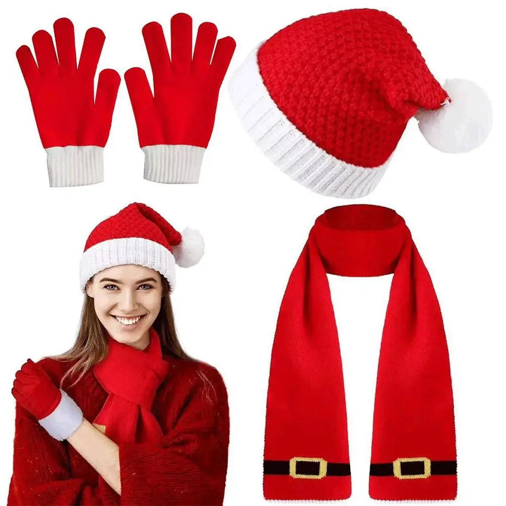 

2/3Pcs Set Winter Christmas Beanie Hat Scarf Warm Ear Protection Knitted Gloves Outdoor Woolen Xmas Gifts for Men Women