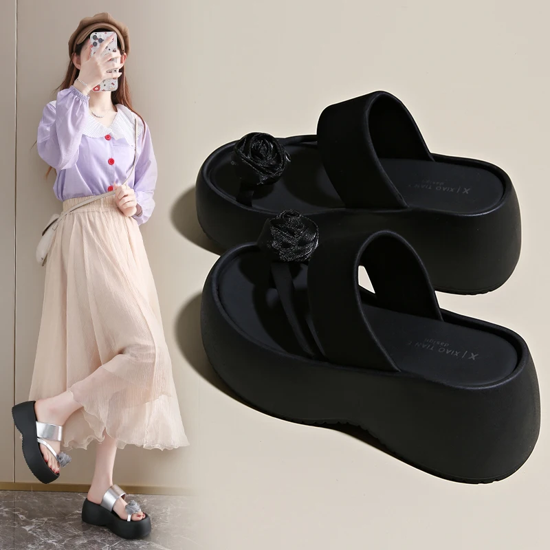 Women's Thick Sole Platform Slide Sandals with Toe Ring Comfy Cushion Footbed Summer Wedge Slides