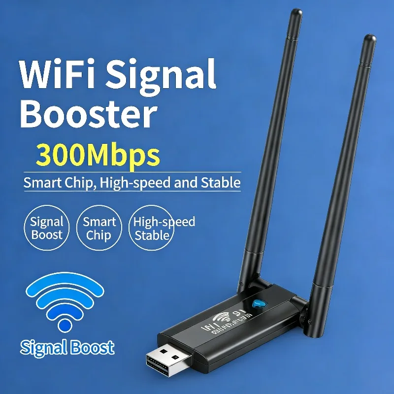 

Усилитель сигнала Wi-Fi 300 Мбит/с с двумя антеннами, интеллектуальный чип, высокоскоростной стабильный расширитель беспроводной сети для ПК, ноутбука, домашнего офиса