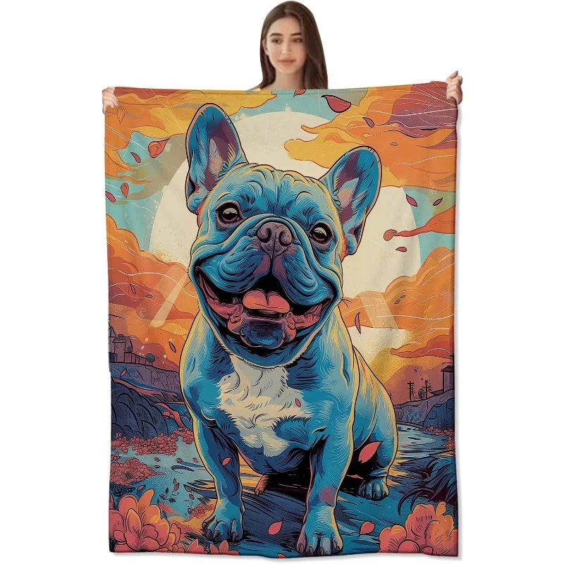 Decke mit französischer Bulldogge für Jungen, Mädchen, Erwachsene, Sonnenuntergangstinten, weiche und gemütliche warme Flanell-Fleece-Überwurfdecken – leicht