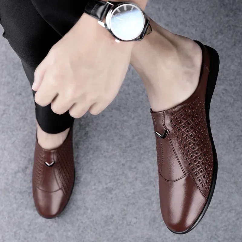 Fashion Mens Half Loafers Genuine Leather Baotou Leather Sandals Hollow Out Breathable Mules Man Outdoor Lightweight Half Shoes