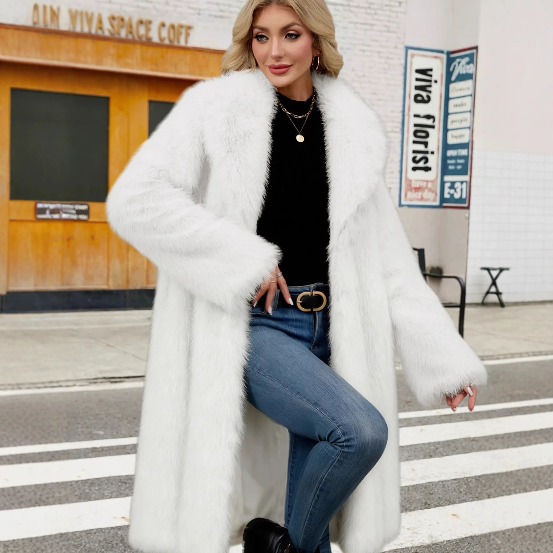 New Womens Long Faux Fur Coat Lapel Collar Oversized Fluffy Winter Outerwear for Streetwear Party