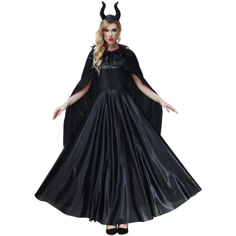 

Women Movie Maleficent Sleeping Beauty Costume For Halloween Adult Women Evil Black Dress Horn Hat Outfit Helmet Hood Bar