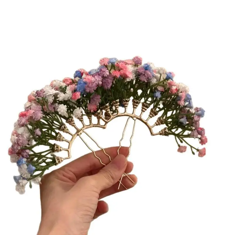 1 Stück handgefertigte Gypsophila-Blumenfächer-Haarnadel mit zarten bunten Blumen und goldenem Rahmen für Hanfu, traditionelle Feste und den täglichen Gebrauch. – Detail 5